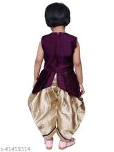 Cotton blend SNIFFY Girls Bangoli Solid Kurta with Dhoti Set, V Neck, lace & button embellishments. Indian ethnic wear for kids aged 3-9 years